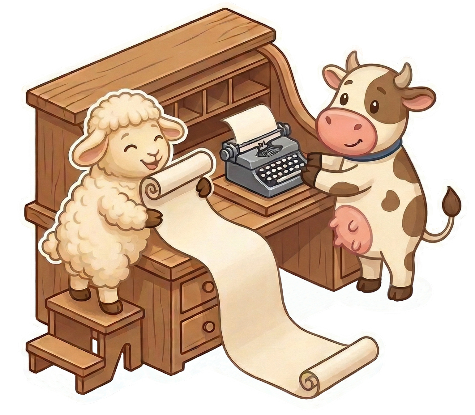 Cartoon schaap en koe aan houten bureau met typemachine