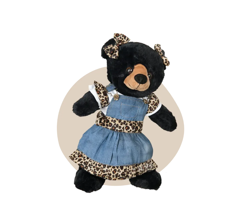 Jeans_Cheetah_Kleedje_strikjes_Amerikaanse_zwarte_beer_knuffel_build_a_bear_teddybeer_maakeenbeer.webp